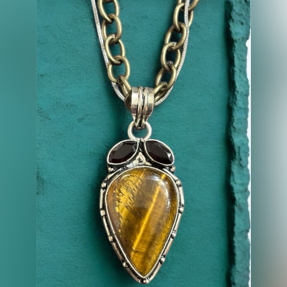 Elegant Silver and Gold 925Stamped Tiger’s Eye Pendant on a DoubleChain Necklace